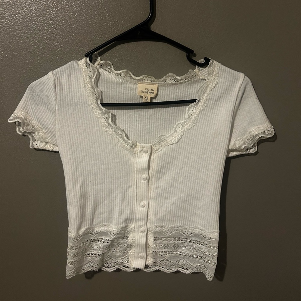 Darling White Lace Trim Ribbed Top